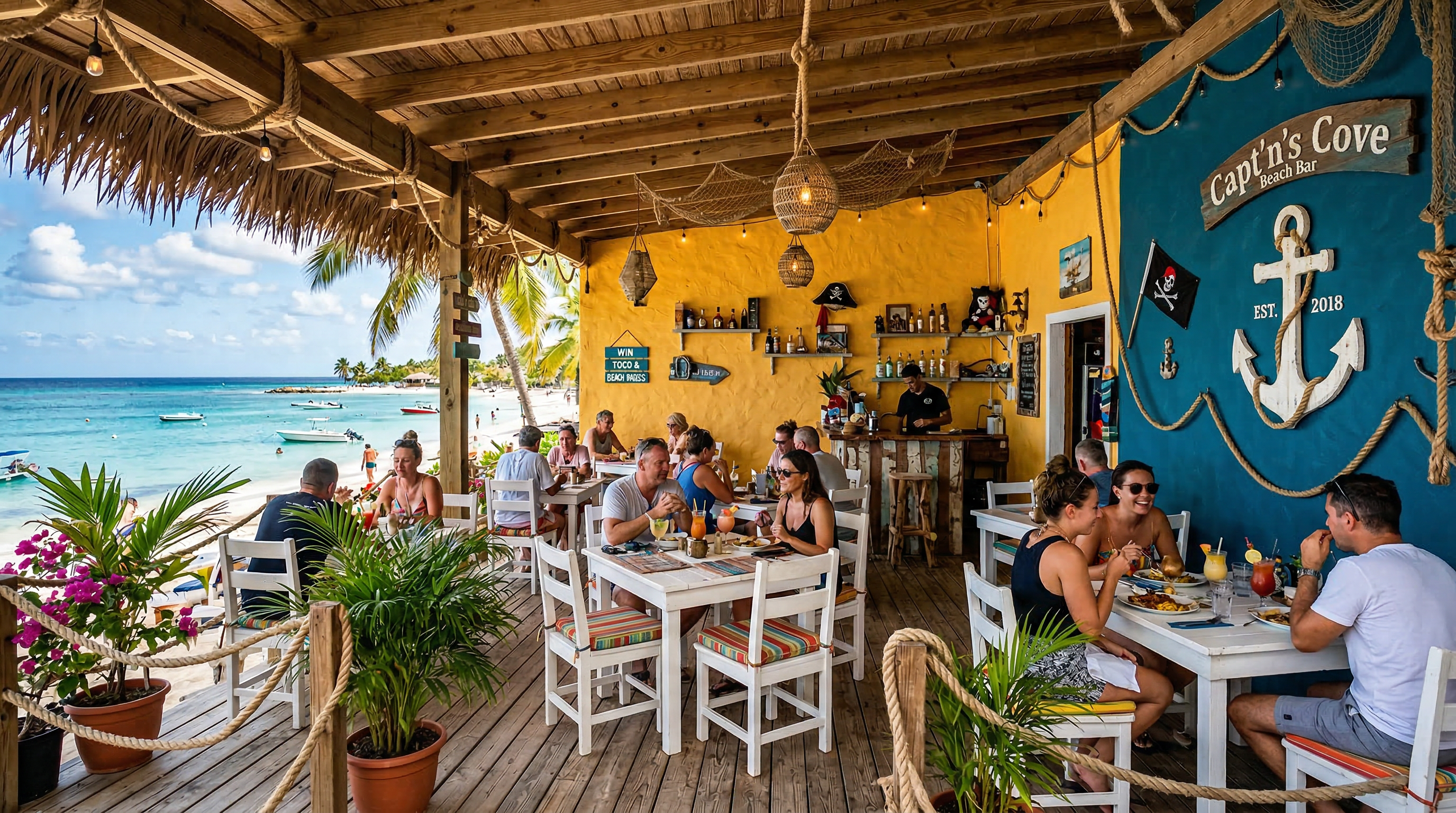 Pirate Hideout beach bar interior with teal and yellow walls